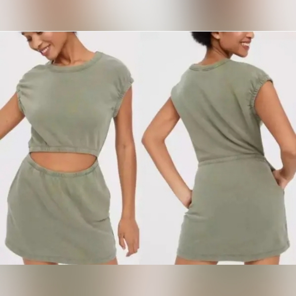 Offline By Aerie Olive Green Oversized Cut Out Dress with Cap Sleeves XL NEW
